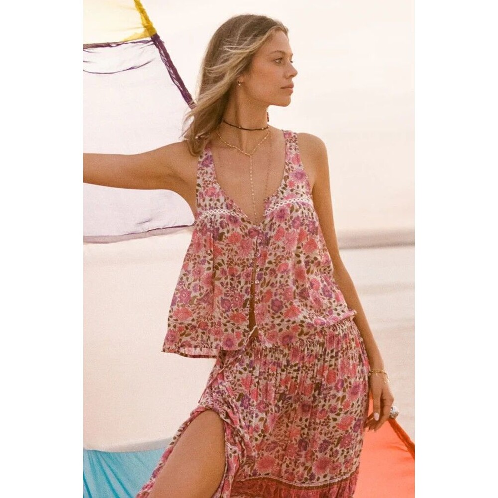 Spell & the Gypsy Elysian Cami Tank S Floral Metallic Button Front Cotton
